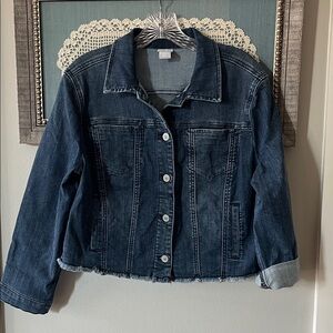 Chico's Dark Blue Denim Jacket with Frayed Hem